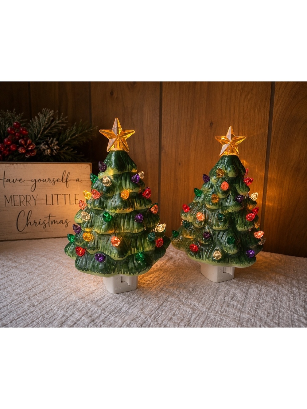 Vintage Ceramic Christmas Tree Night Lights Set of 2 Plug In Holiday Decor - Picture 1 of 7